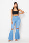 Super High Waisted Slit Distressed Bell Bottoms - Light Denim
